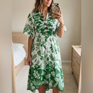 FARM RIO Forest Soul Short Sleeve Midi Dress Green Off White Eyelet